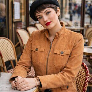 Size 10 jacket  Soft faux suede, Full front zipper. Stand collar. Classy Classic